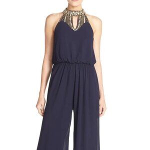 Vince Camuto Navy Blue Embellished Rhinestone Halter Neck Jumpsuit Size 8